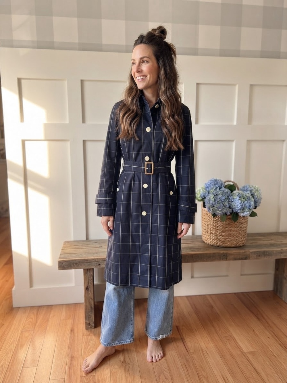 J. Crew Navy Windowpane Belted Trench Coat with Gold Buttons 12